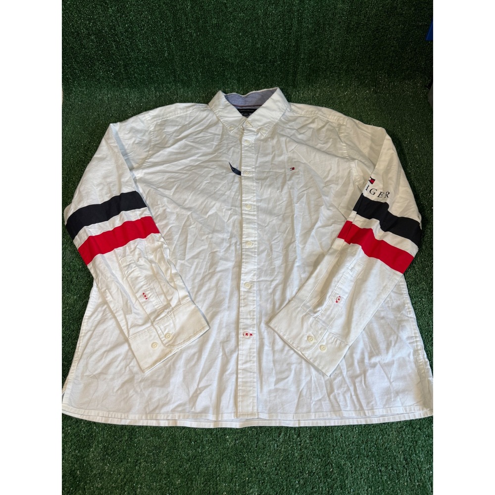 Tommy Hilfiger Mens XL Custom Fit THFLEX White Button Down Sleeve Stripe Shirt